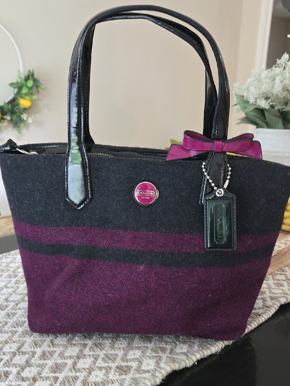 Coach Purple and Black Wool Tote with Patent Trim and Bow Accent